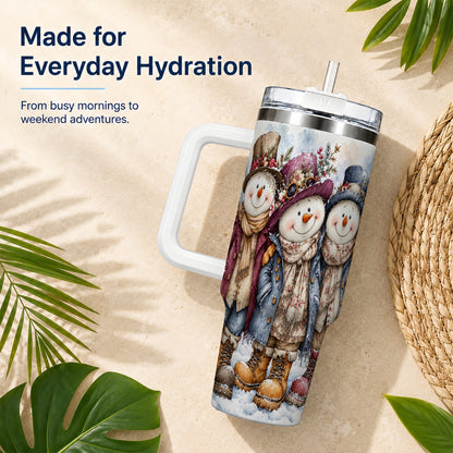 #pl[40oz|White] Vintage Snowman Trio 40oz Tumbler, Winter Stainless Steel Travel Cup