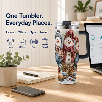 #pl[40oz|Black] Snowman Family 40oz Tumbler, Winter Friends Stainless Steel Travel Cup