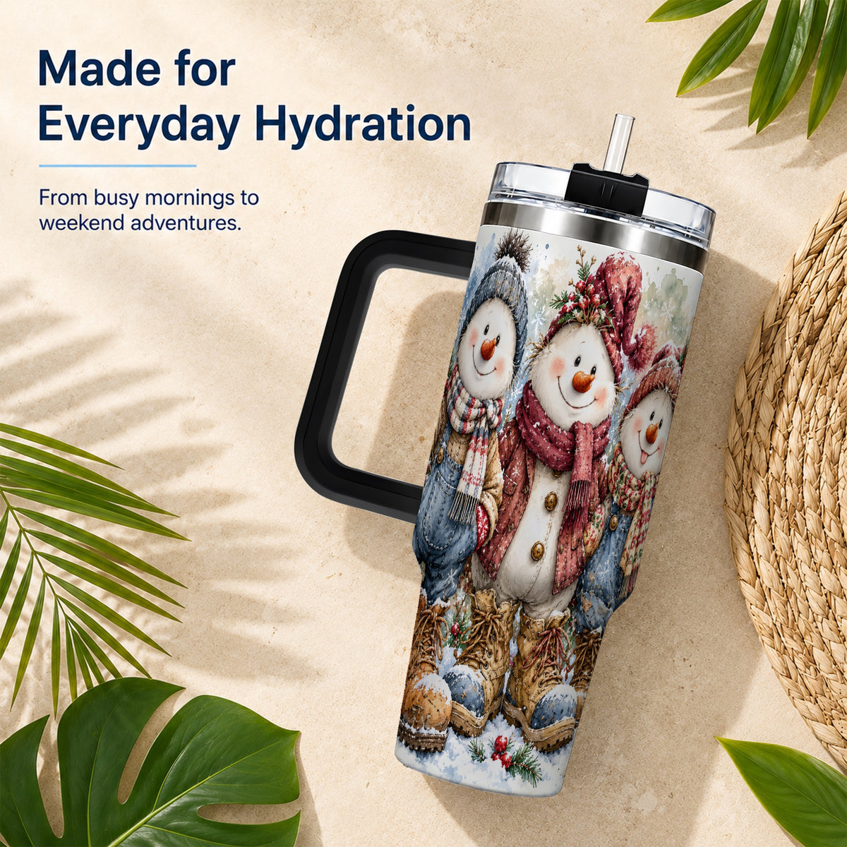#pl[40oz|Black] Snowman Family 40oz Tumbler, Winter Friends Stainless Steel Travel Cup