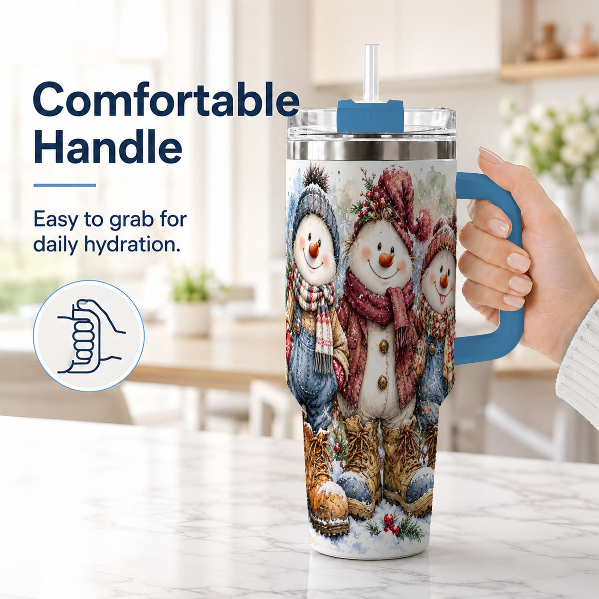 #pl[40oz|Blue] Snowman Family 40oz Tumbler, Winter Friends Stainless Steel Travel Cup