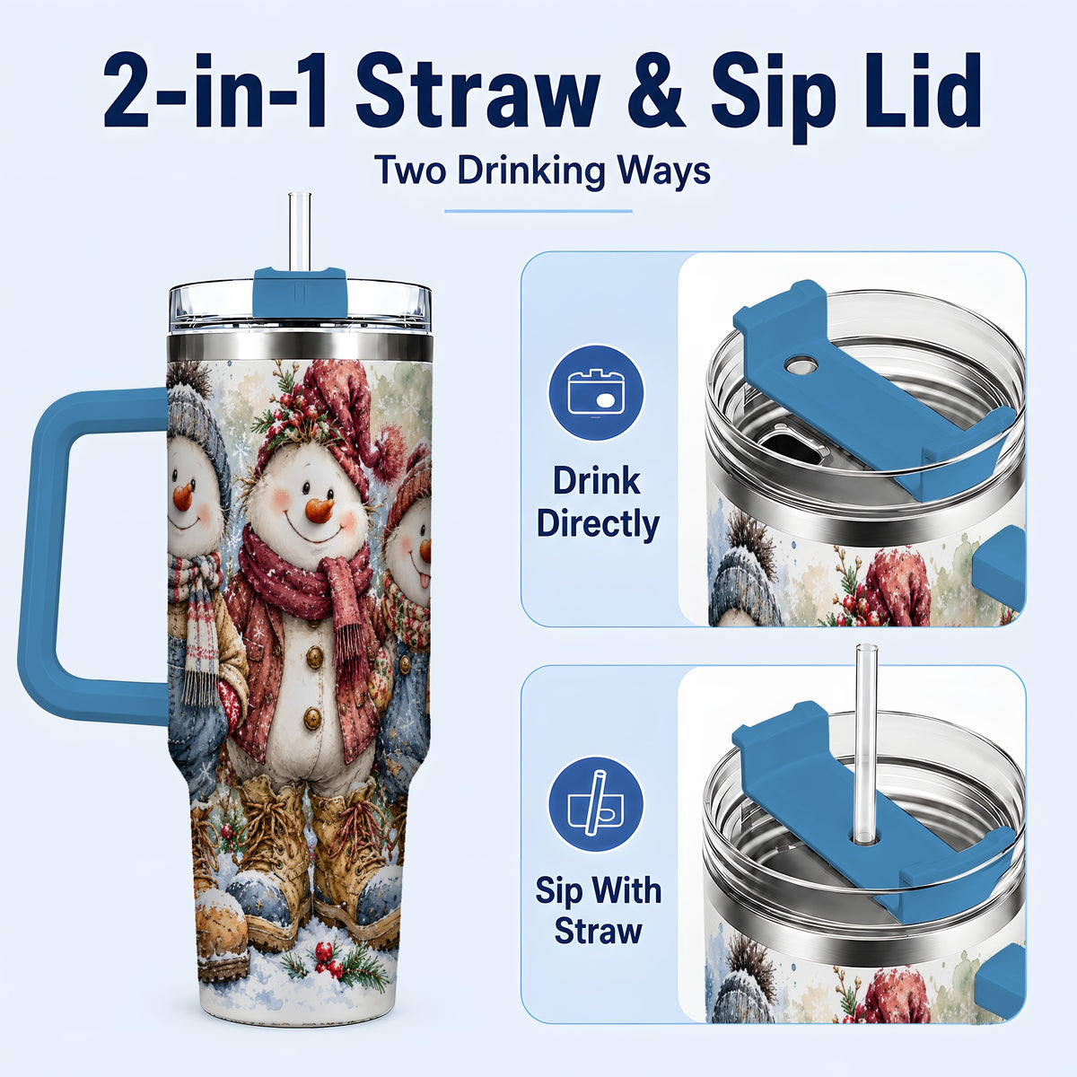 #pl[40oz|Blue] Snowman Family 40oz Tumbler, Winter Friends Stainless Steel Travel Cup