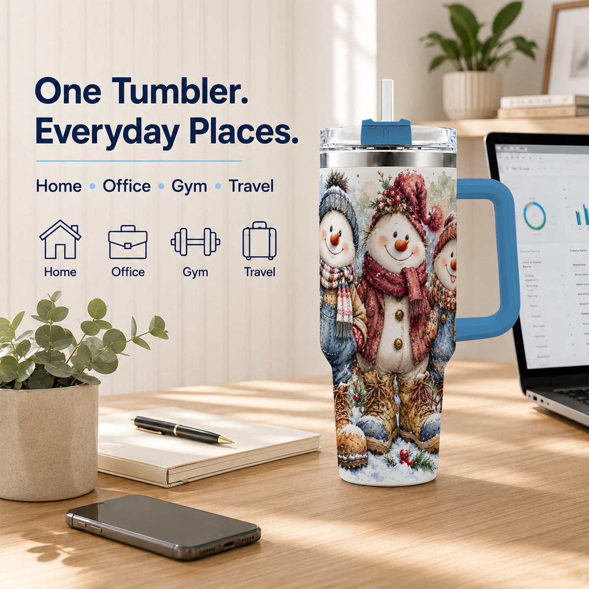 #pl[40oz|Blue] Snowman Family 40oz Tumbler, Winter Friends Stainless Steel Travel Cup