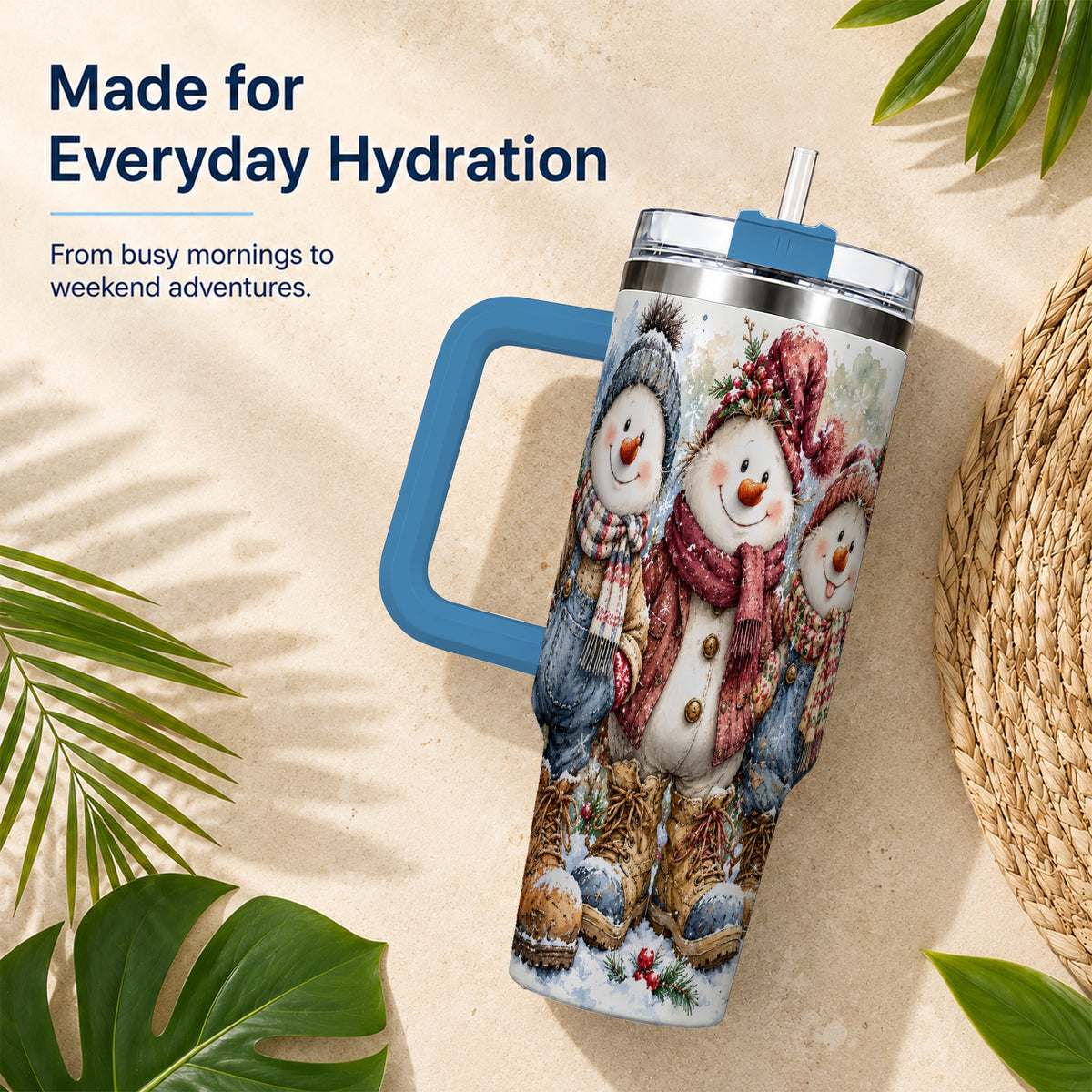 #pl[40oz|Blue] Snowman Family 40oz Tumbler, Winter Friends Stainless Steel Travel Cup
