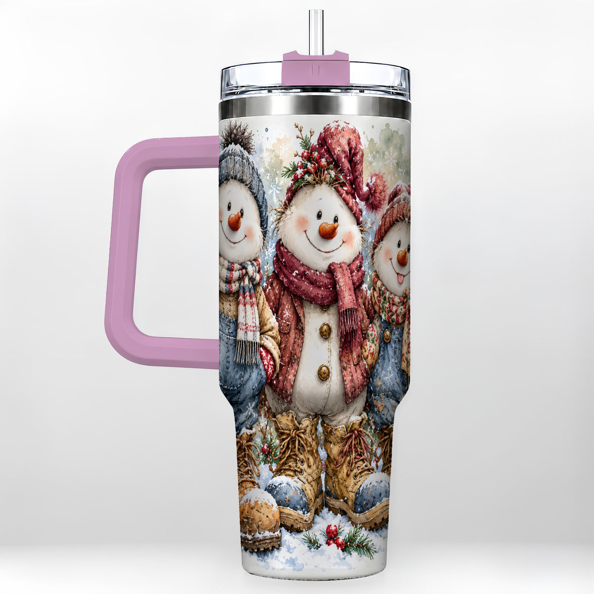 #pl[40oz|Pink] Snowman Family 40oz Tumbler, Winter Friends Stainless Steel Travel Cup