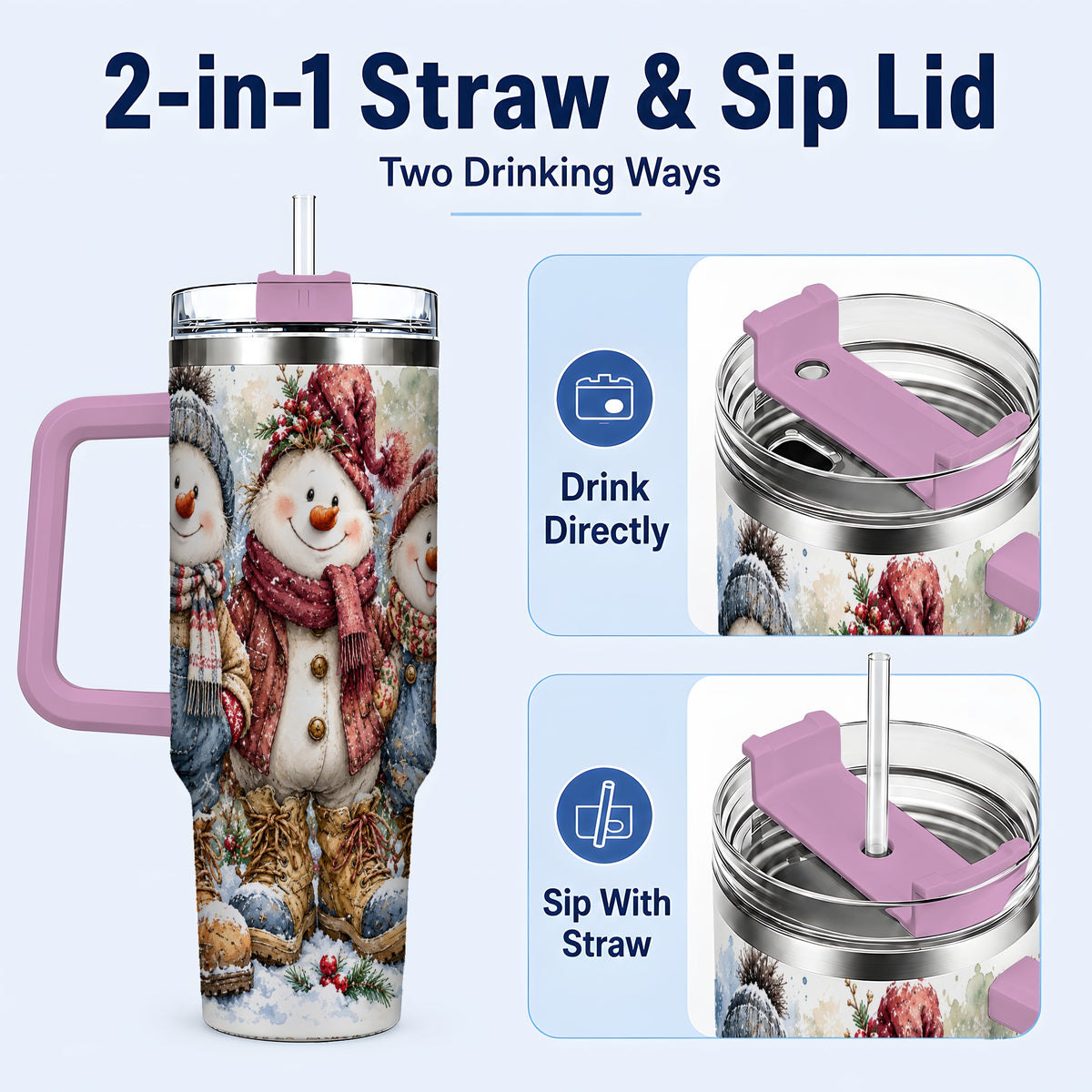 #pl[40oz|Pink] Snowman Family 40oz Tumbler, Winter Friends Stainless Steel Travel Cup