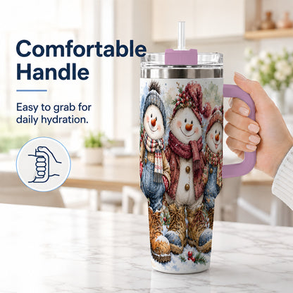 #pl[40oz|Pink] Snowman Family 40oz Tumbler, Winter Friends Stainless Steel Travel Cup