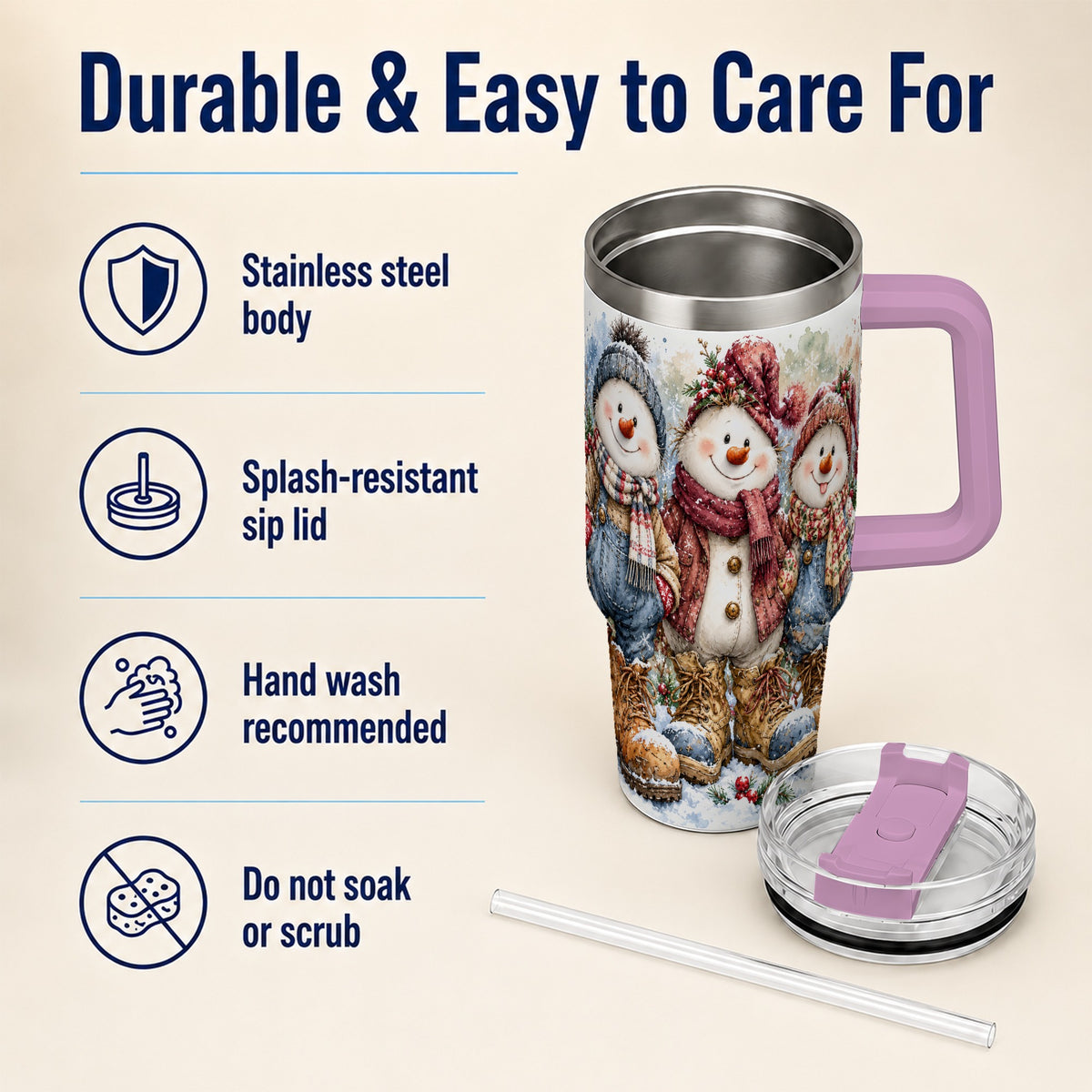 #pl[40oz|Pink] Snowman Family 40oz Tumbler, Winter Friends Stainless Steel Travel Cup