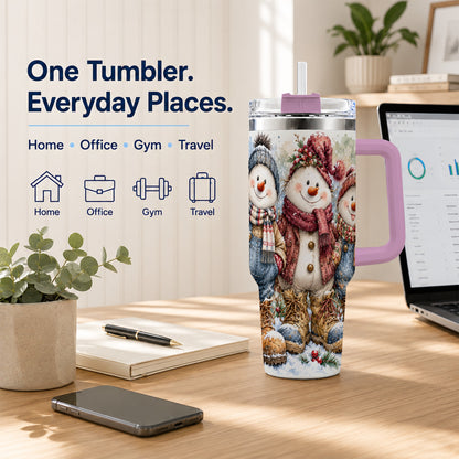 #pl[40oz|Pink] Snowman Family 40oz Tumbler, Winter Friends Stainless Steel Travel Cup