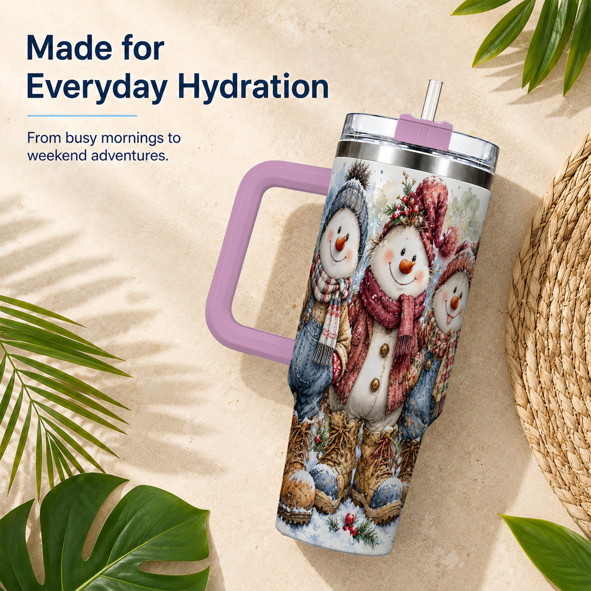 #pl[40oz|Pink] Snowman Family 40oz Tumbler, Winter Friends Stainless Steel Travel Cup
