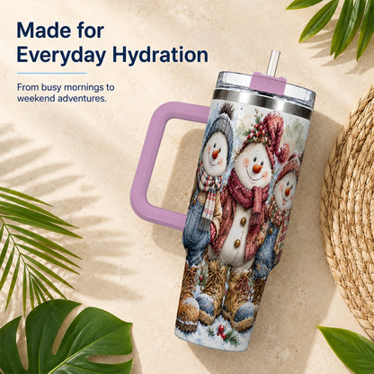 #pl[40oz|Pink] Snowman Family 40oz Tumbler, Winter Friends Stainless Steel Travel Cup