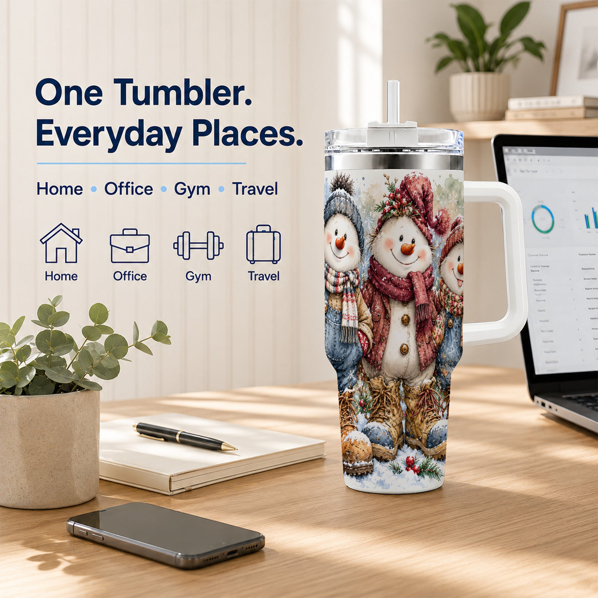 #pl[40oz|White] Snowman Family 40oz Tumbler, Winter Friends Stainless Steel Travel Cup