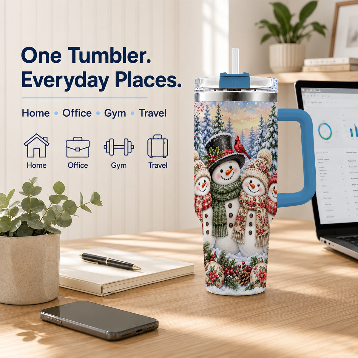 #pl[40oz|Blue] Snowman Village 40oz Tumbler, Christmas Friends Stainless Steel Travel Cup