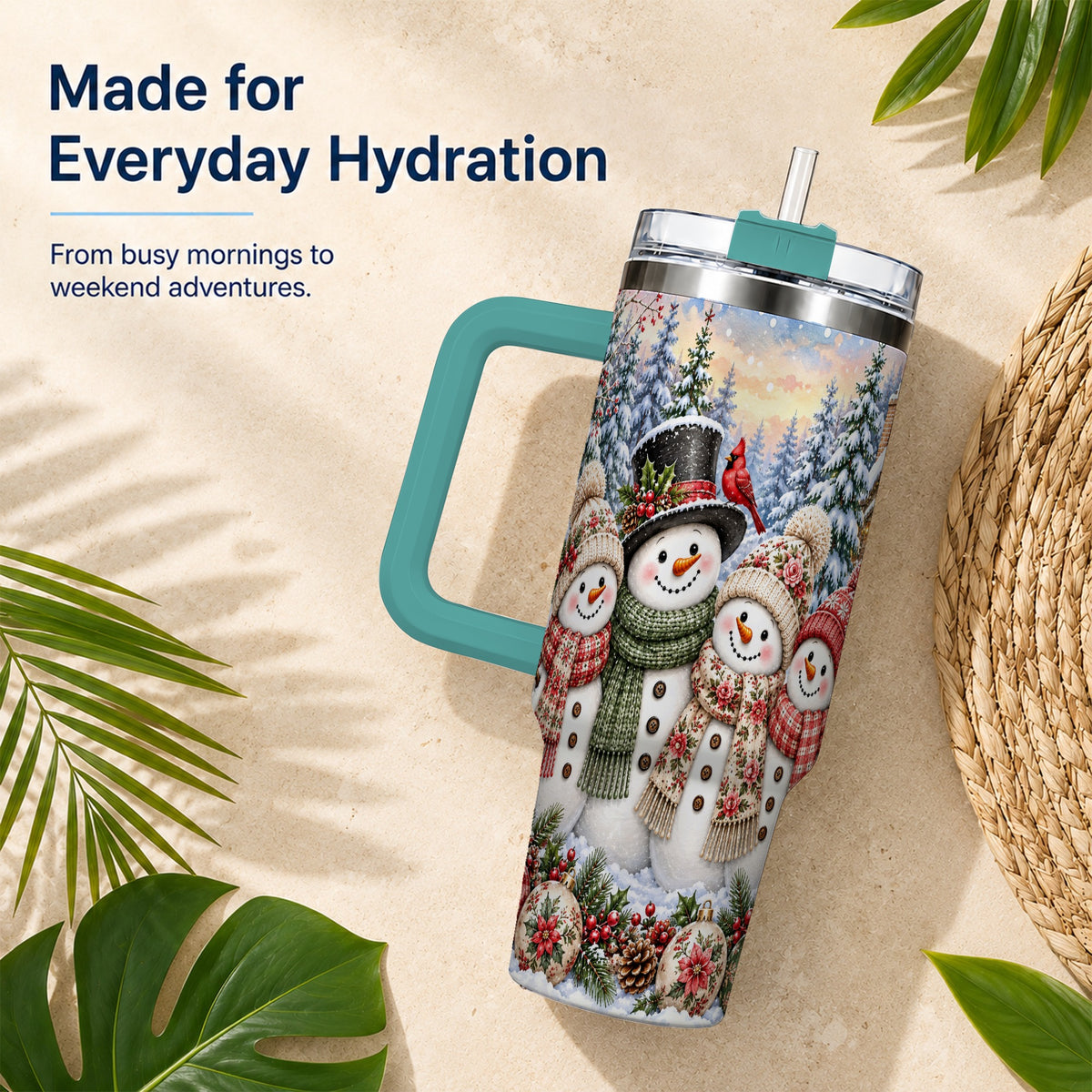 #pl[40oz|Green] Snowman Village 40oz Tumbler, Christmas Friends Stainless Steel Travel Cup