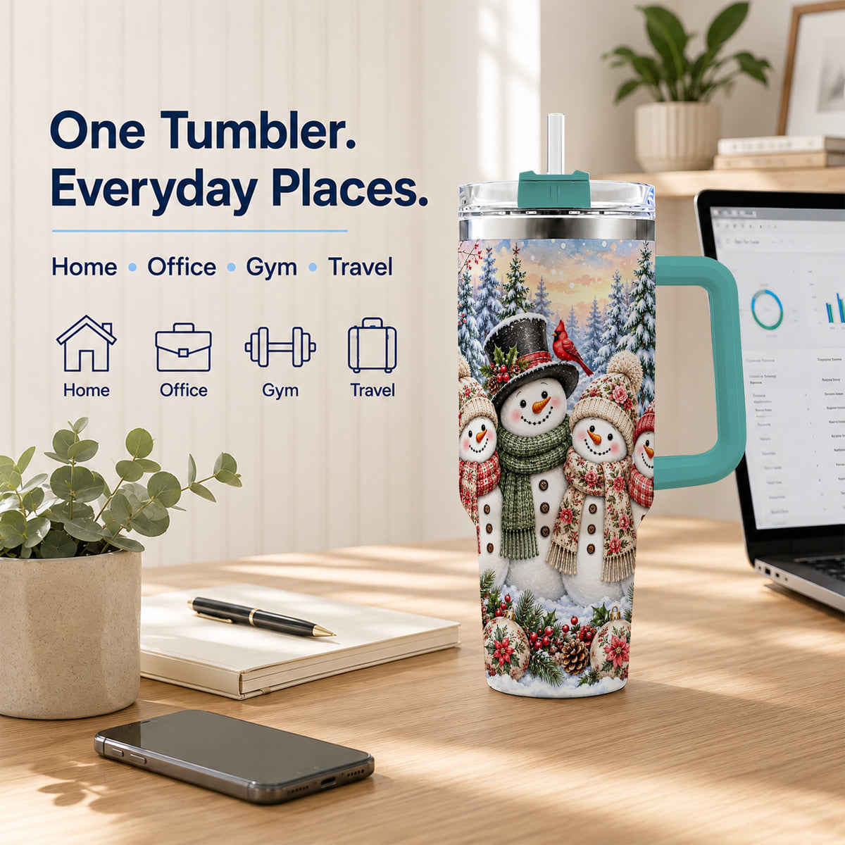 #pl[40oz|Green] Snowman Village 40oz Tumbler, Christmas Friends Stainless Steel Travel Cup