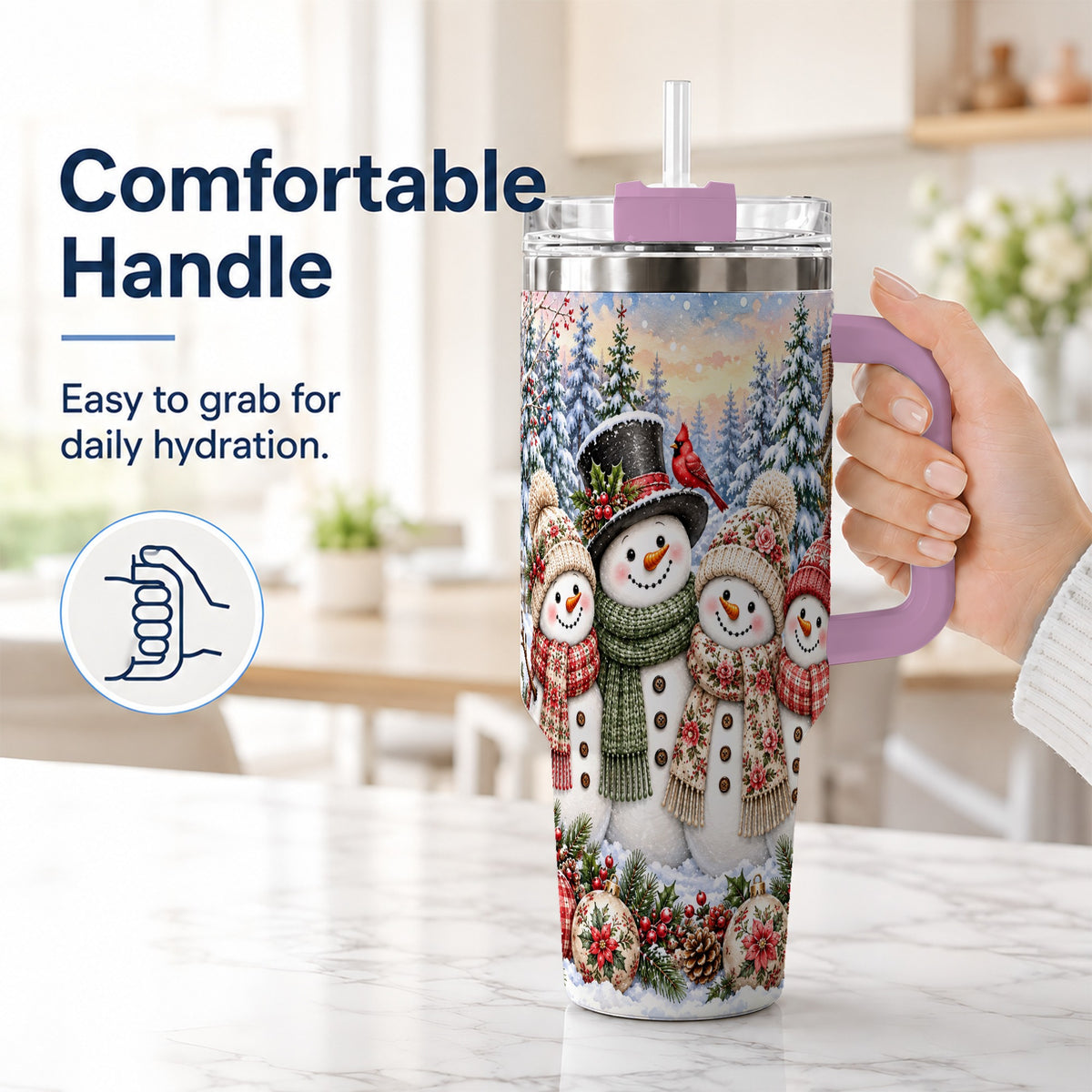 #pl[40oz|Pink] Snowman Village 40oz Tumbler, Christmas Friends Stainless Steel Travel Cup