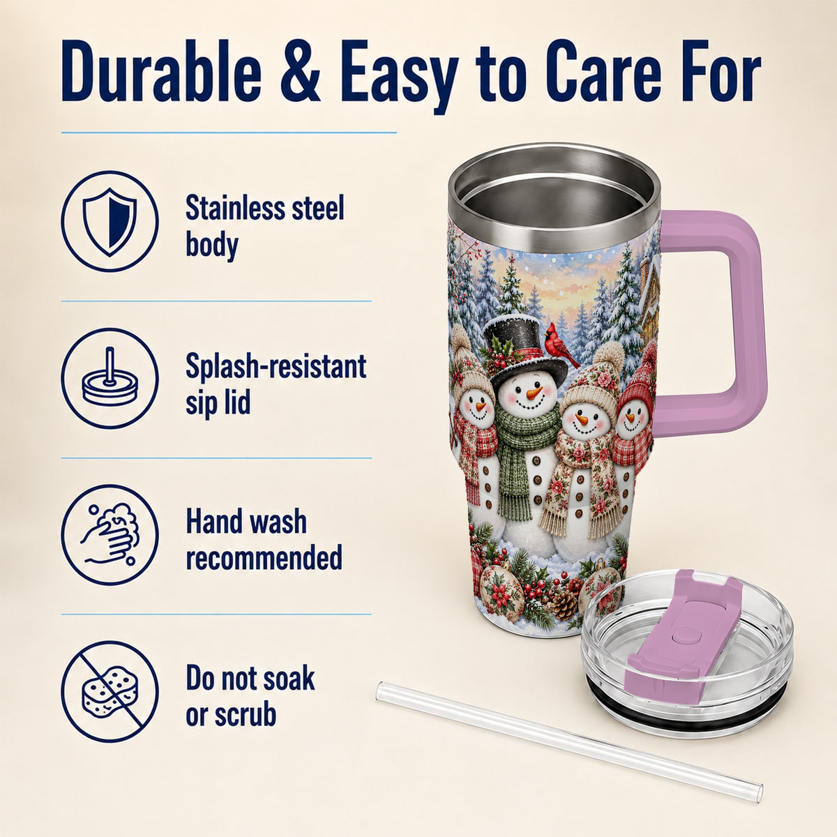 #pl[40oz|Pink] Snowman Village 40oz Tumbler, Christmas Friends Stainless Steel Travel Cup