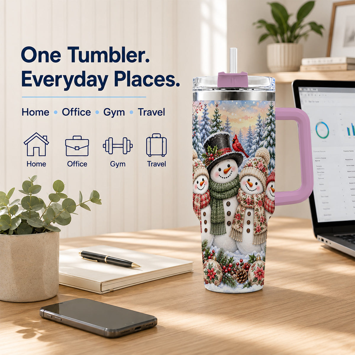 #pl[40oz|Pink] Snowman Village 40oz Tumbler, Christmas Friends Stainless Steel Travel Cup