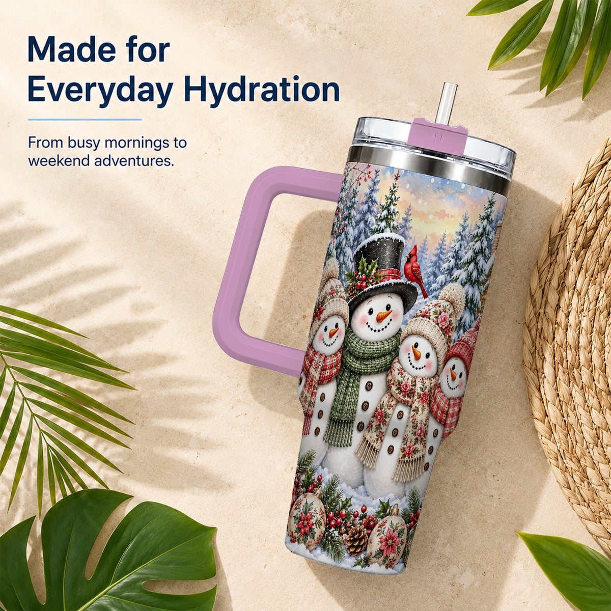 #pl[40oz|Pink] Snowman Village 40oz Tumbler, Christmas Friends Stainless Steel Travel Cup