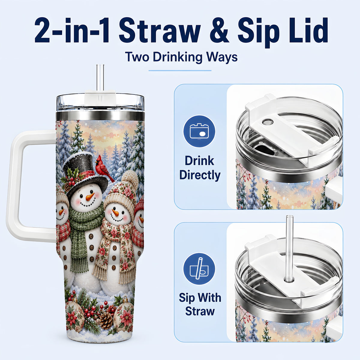 #pl[40oz|White] Snowman Village 40oz Tumbler, Christmas Friends Stainless Steel Travel Cup