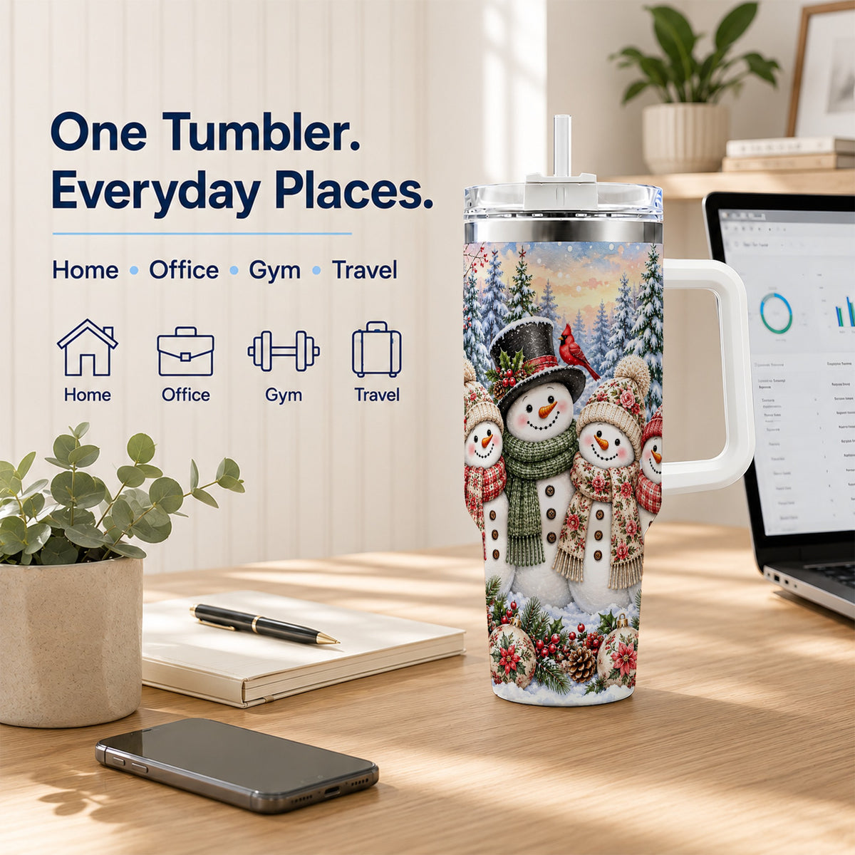 #pl[40oz|White] Snowman Village 40oz Tumbler, Christmas Friends Stainless Steel Travel Cup