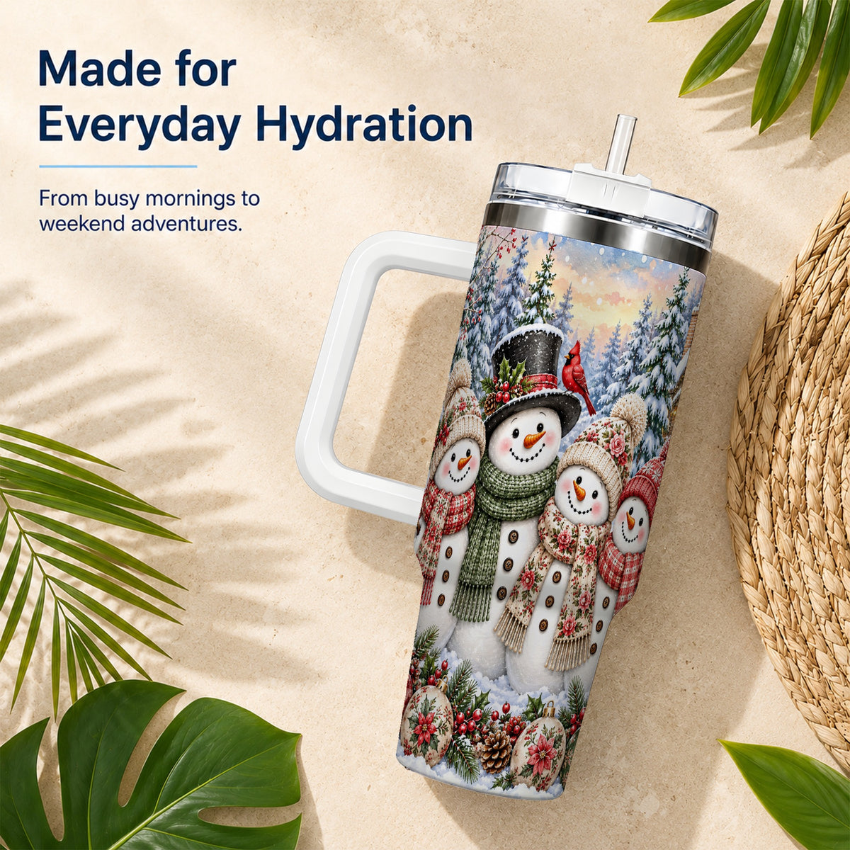 #pl[40oz|White] Snowman Village 40oz Tumbler, Christmas Friends Stainless Steel Travel Cup