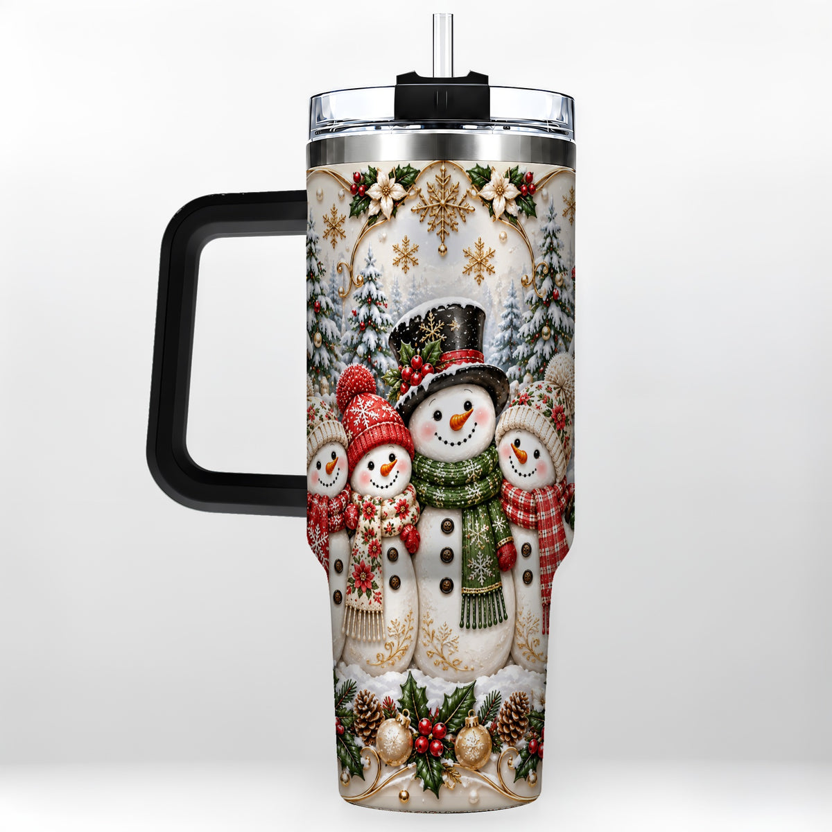 #pl[40oz|Black] Elegant Snowman 40oz Tumbler, Golden Christmas Stainless Steel Travel Cup