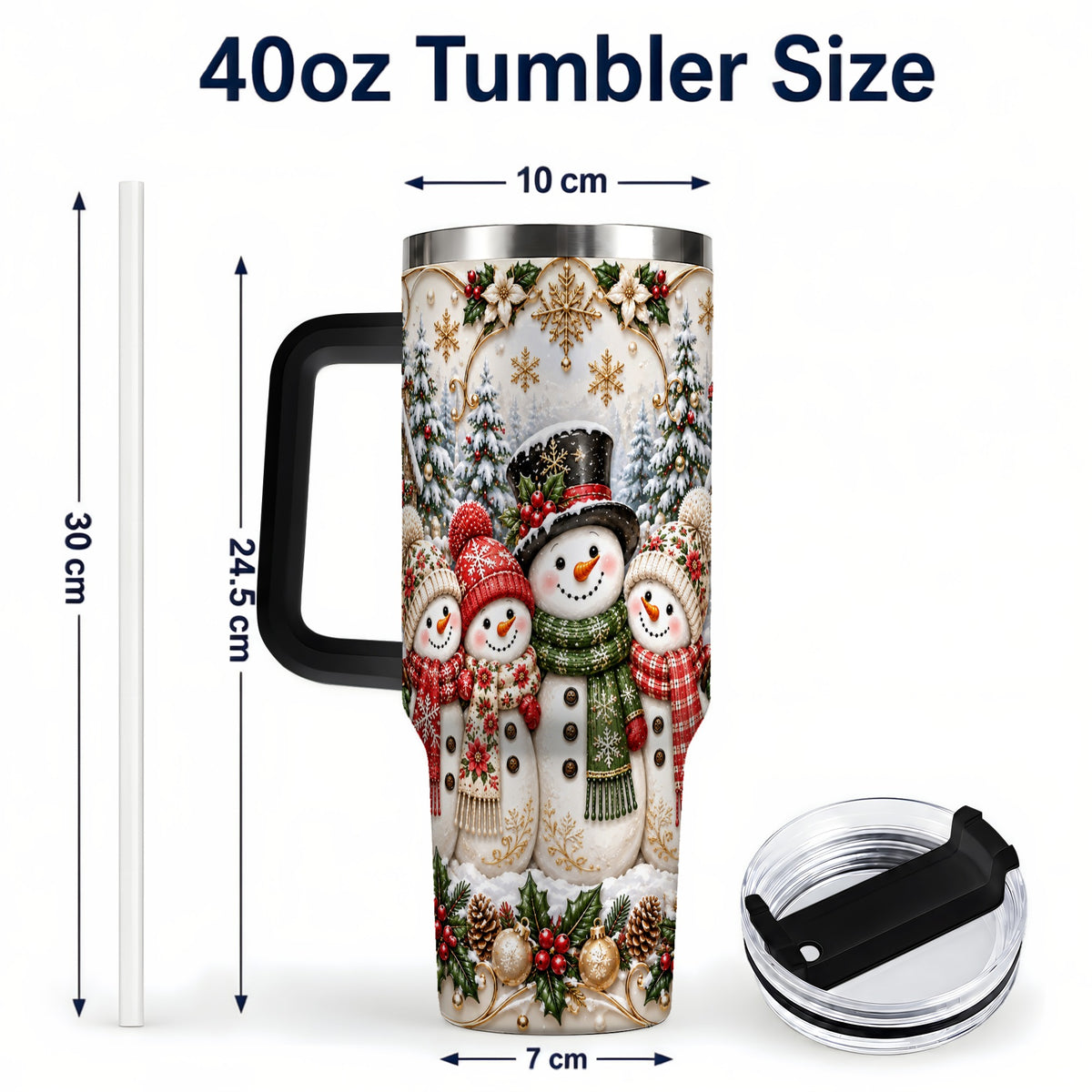 #pl[40oz|Black] Elegant Snowman 40oz Tumbler, Golden Christmas Stainless Steel Travel Cup