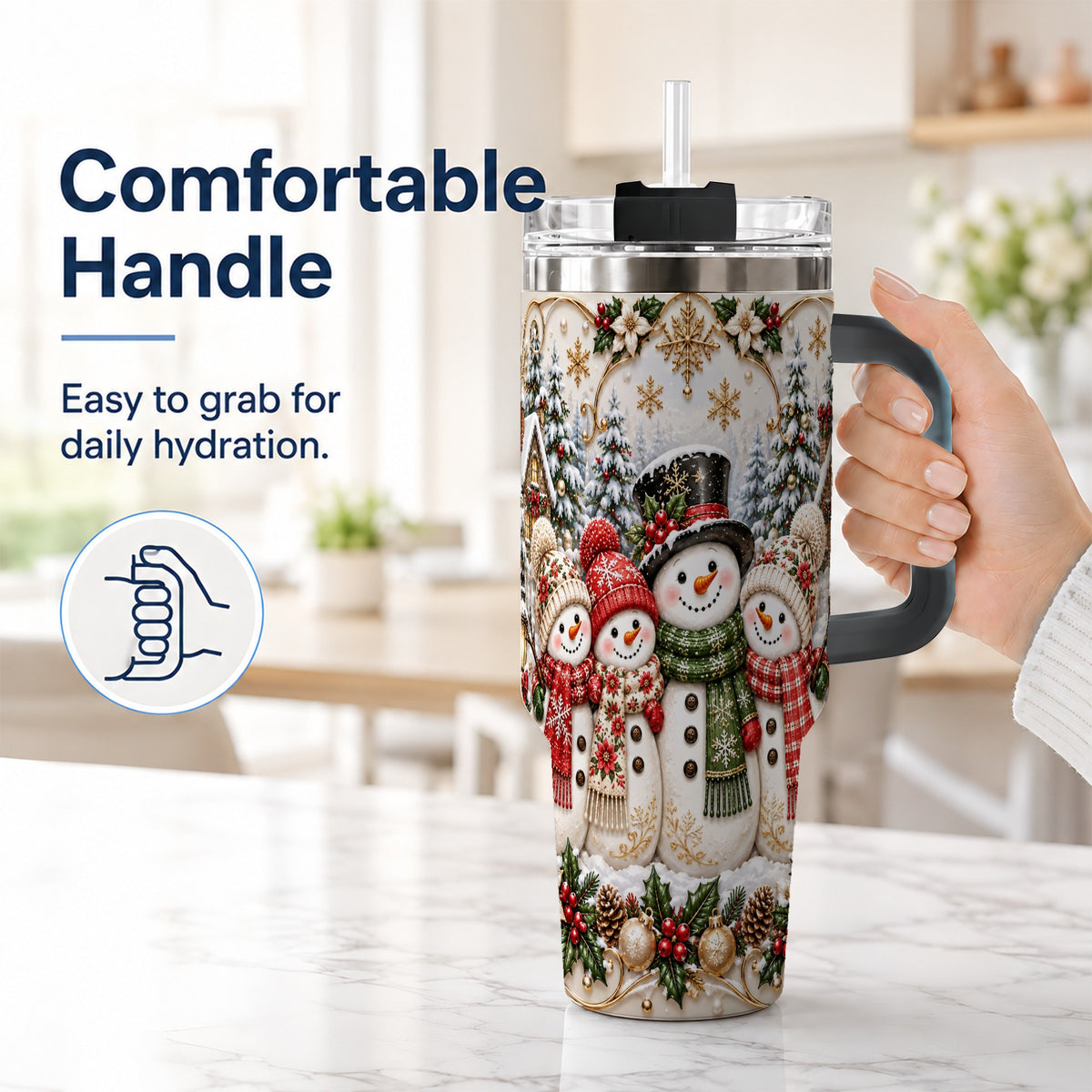 #pl[40oz|Black] Elegant Snowman 40oz Tumbler, Golden Christmas Stainless Steel Travel Cup