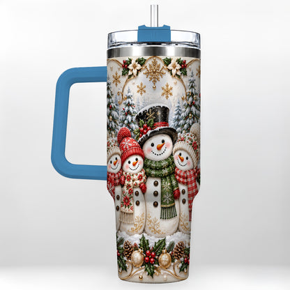 #pl[40oz|Blue] Elegant Snowman 40oz Tumbler, Golden Christmas Stainless Steel Travel Cup