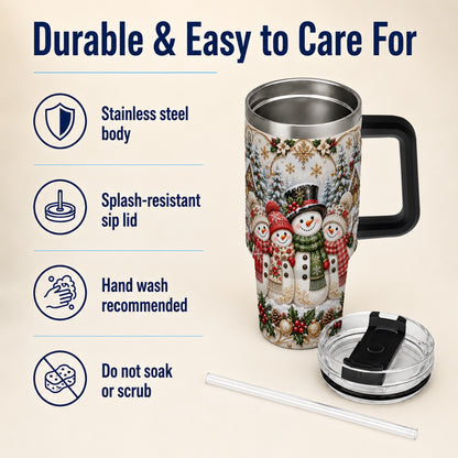 #pl[40oz|Black] Elegant Snowman 40oz Tumbler, Golden Christmas Stainless Steel Travel Cup