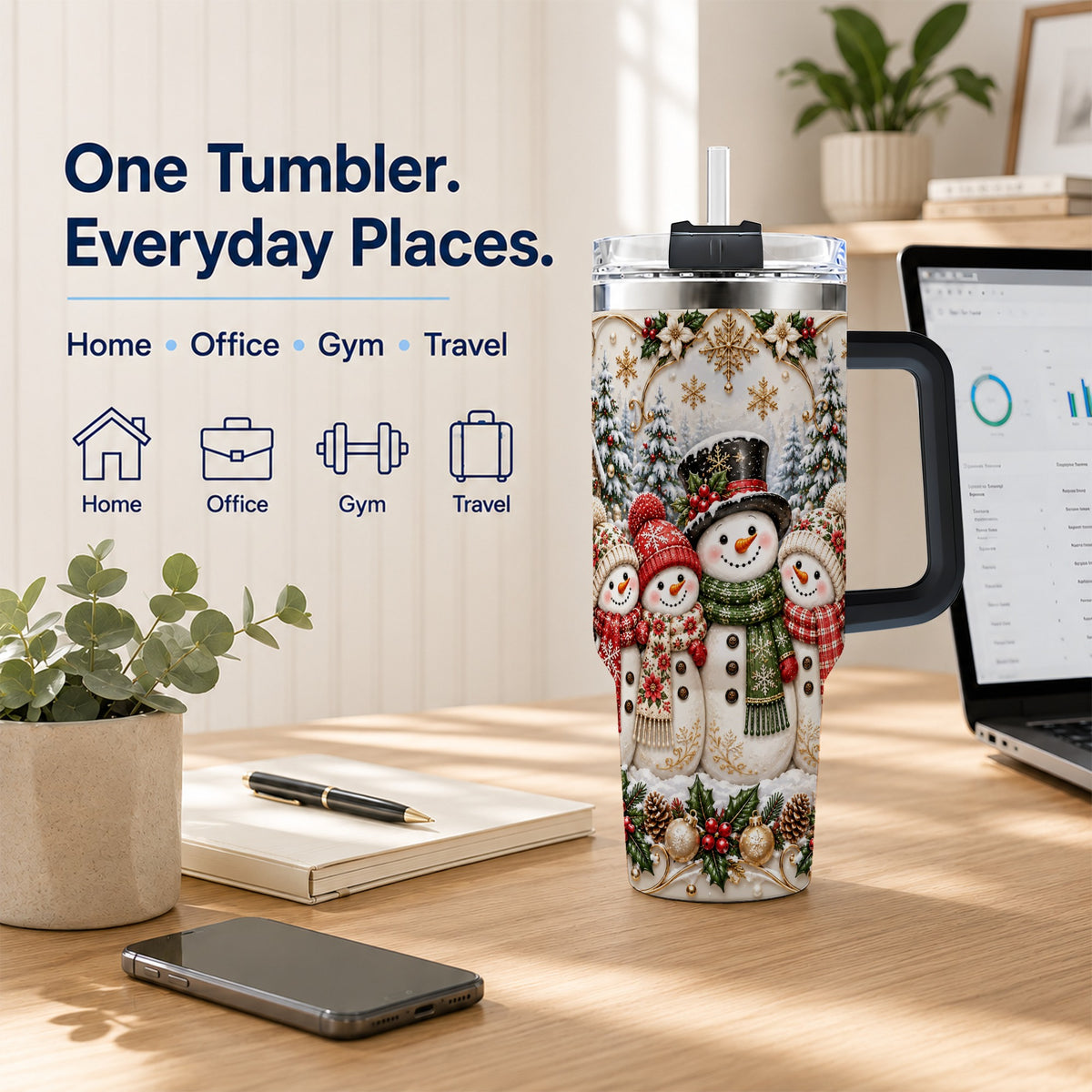 #pl[40oz|Black] Elegant Snowman 40oz Tumbler, Golden Christmas Stainless Steel Travel Cup