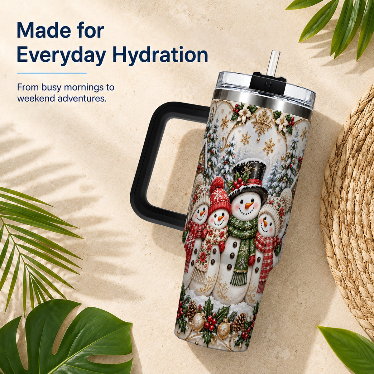 #pl[40oz|Black] Elegant Snowman 40oz Tumbler, Golden Christmas Stainless Steel Travel Cup