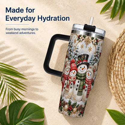 #pl[40oz|Black] Elegant Snowman 40oz Tumbler, Golden Christmas Stainless Steel Travel Cup