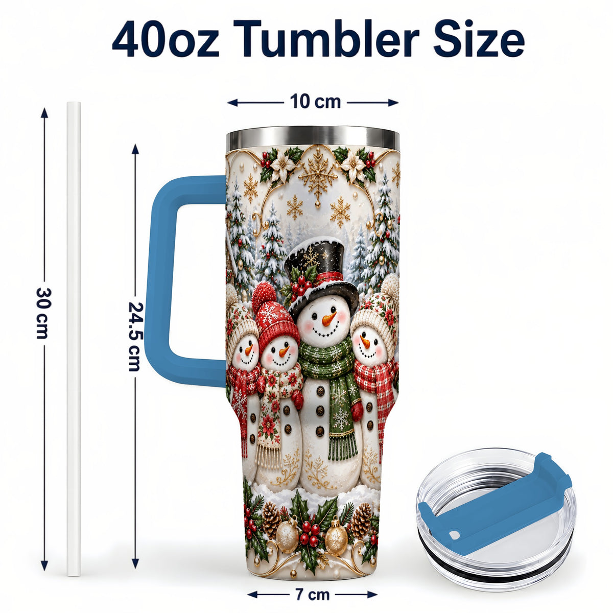 #pl[40oz|Blue] Elegant Snowman 40oz Tumbler, Golden Christmas Stainless Steel Travel Cup