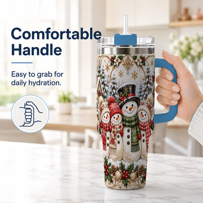 #pl[40oz|Blue] Elegant Snowman 40oz Tumbler, Golden Christmas Stainless Steel Travel Cup
