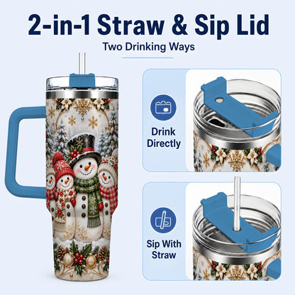 #pl[40oz|Blue] Elegant Snowman 40oz Tumbler, Golden Christmas Stainless Steel Travel Cup