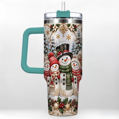 #pl[40oz|Green] Elegant Snowman 40oz Tumbler, Golden Christmas Stainless Steel Travel Cup