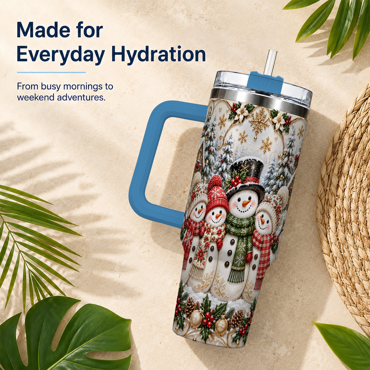 #pl[40oz|Blue] Elegant Snowman 40oz Tumbler, Golden Christmas Stainless Steel Travel Cup