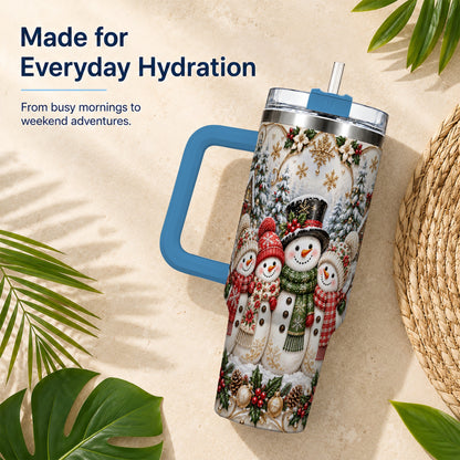 #pl[40oz|Blue] Elegant Snowman 40oz Tumbler, Golden Christmas Stainless Steel Travel Cup