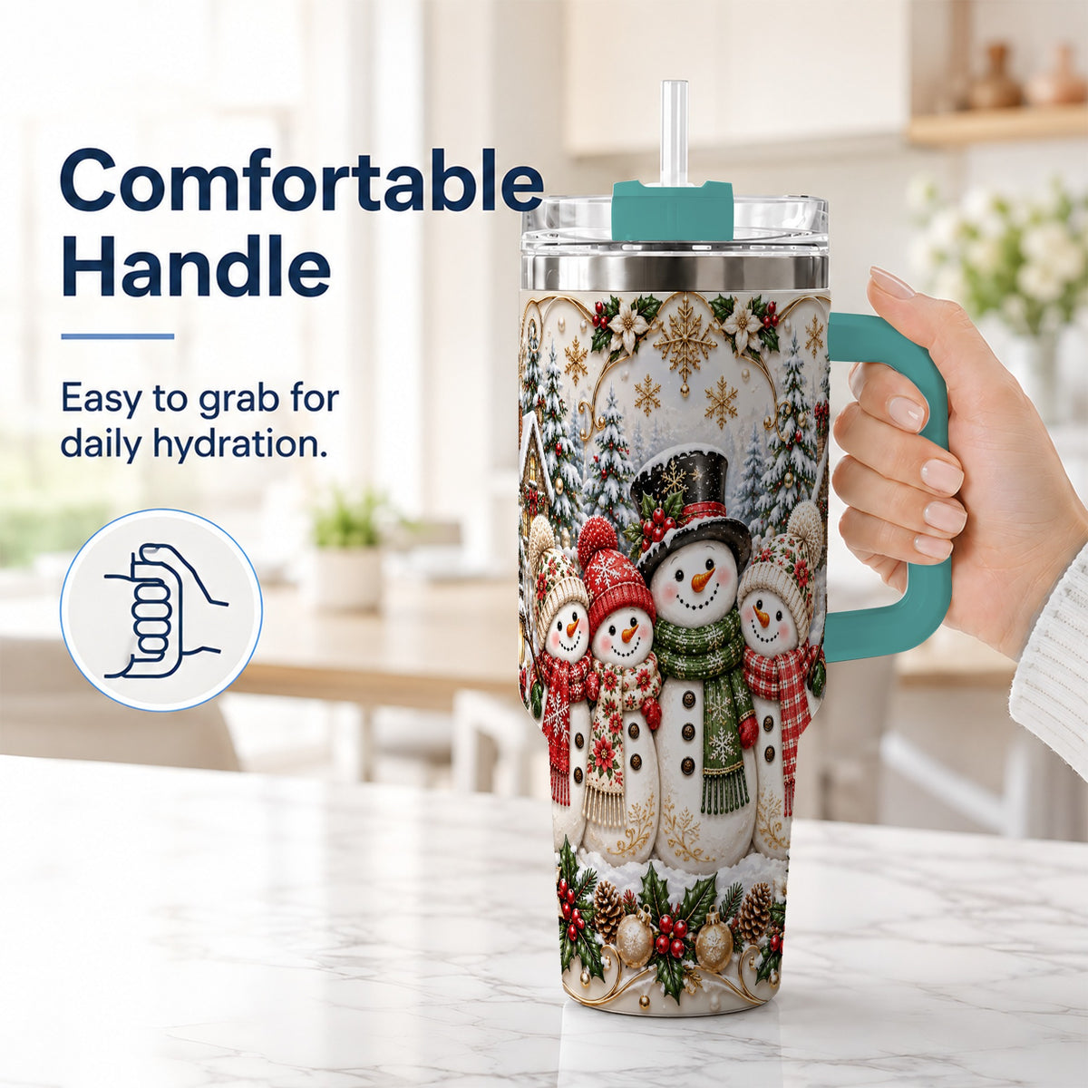 #pl[40oz|Green] Elegant Snowman 40oz Tumbler, Golden Christmas Stainless Steel Travel Cup