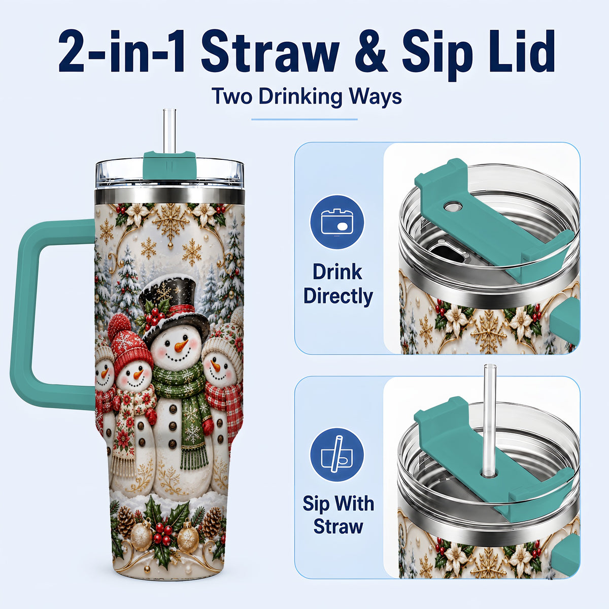 #pl[40oz|Green] Elegant Snowman 40oz Tumbler, Golden Christmas Stainless Steel Travel Cup