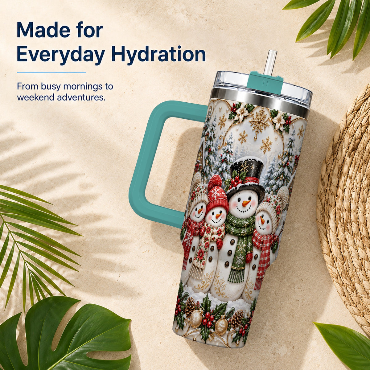 #pl[40oz|Green] Elegant Snowman 40oz Tumbler, Golden Christmas Stainless Steel Travel Cup