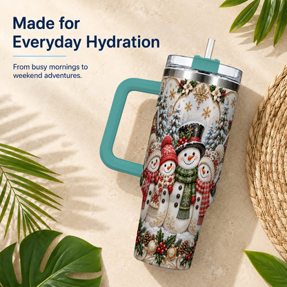 #pl[40oz|Green] Elegant Snowman 40oz Tumbler, Golden Christmas Stainless Steel Travel Cup