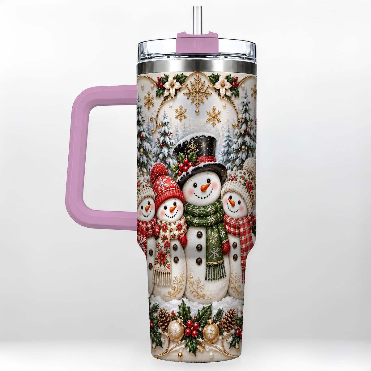 #pl[40oz|Pink] Elegant Snowman 40oz Tumbler, Golden Christmas Stainless Steel Travel Cup