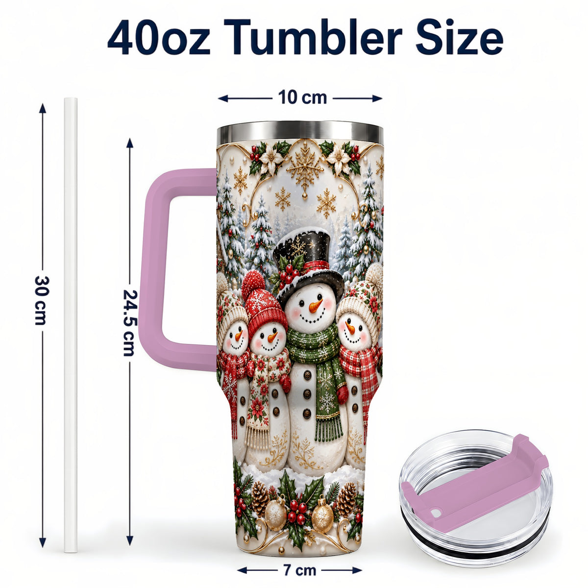 #pl[40oz|Pink] Elegant Snowman 40oz Tumbler, Golden Christmas Stainless Steel Travel Cup