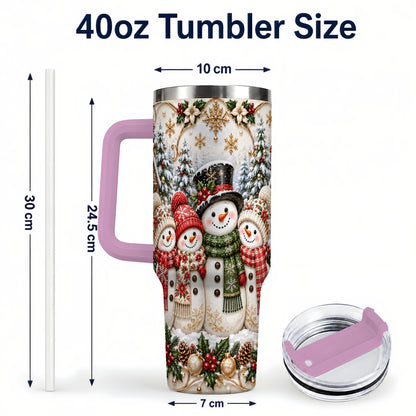 #pl[40oz|Pink] Elegant Snowman 40oz Tumbler, Golden Christmas Stainless Steel Travel Cup