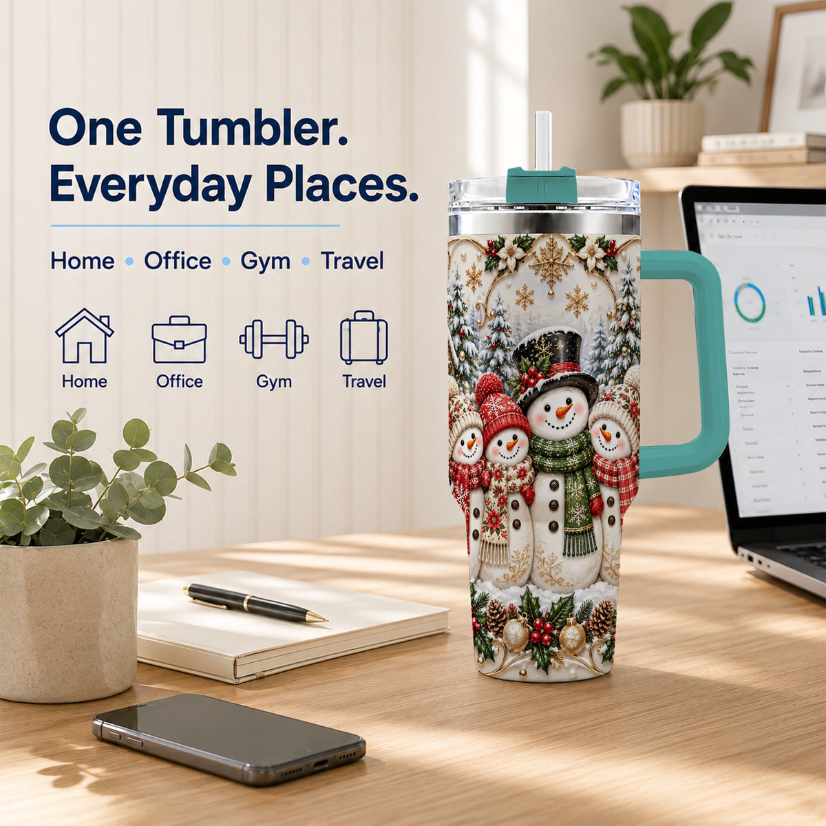 #pl[40oz|Green] Elegant Snowman 40oz Tumbler, Golden Christmas Stainless Steel Travel Cup
