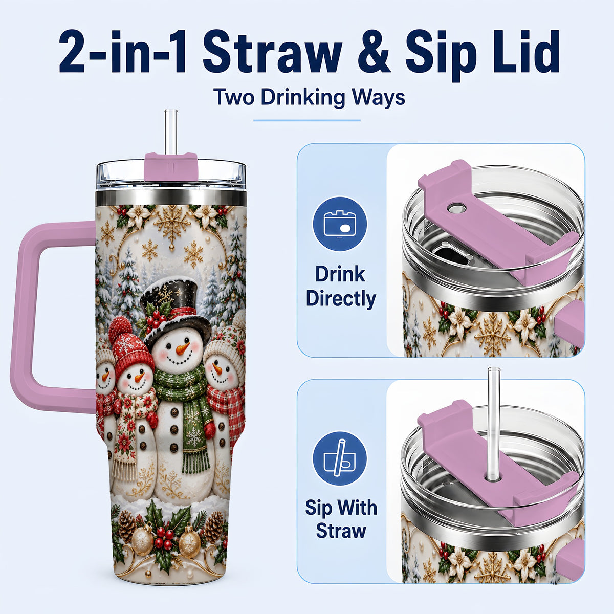#pl[40oz|Pink] Elegant Snowman 40oz Tumbler, Golden Christmas Stainless Steel Travel Cup