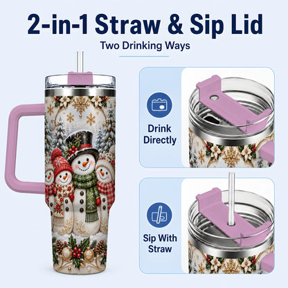 #pl[40oz|Pink] Elegant Snowman 40oz Tumbler, Golden Christmas Stainless Steel Travel Cup