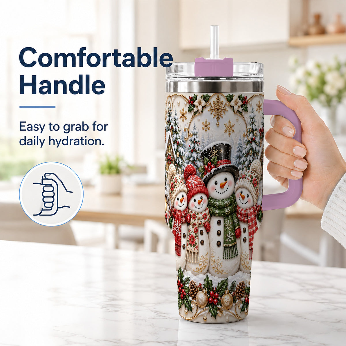 #pl[40oz|Pink] Elegant Snowman 40oz Tumbler, Golden Christmas Stainless Steel Travel Cup